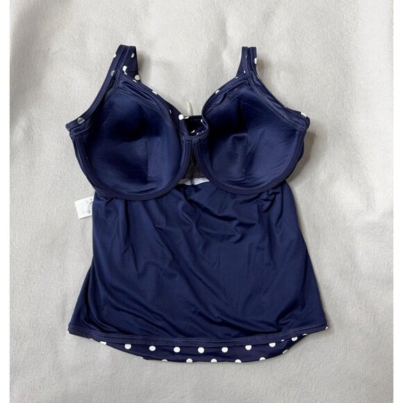 Lands End Tankini Swim Top Plus Size 18W V Neck Wrap Underwire Navy Polka Dot - Picture 9 of 11